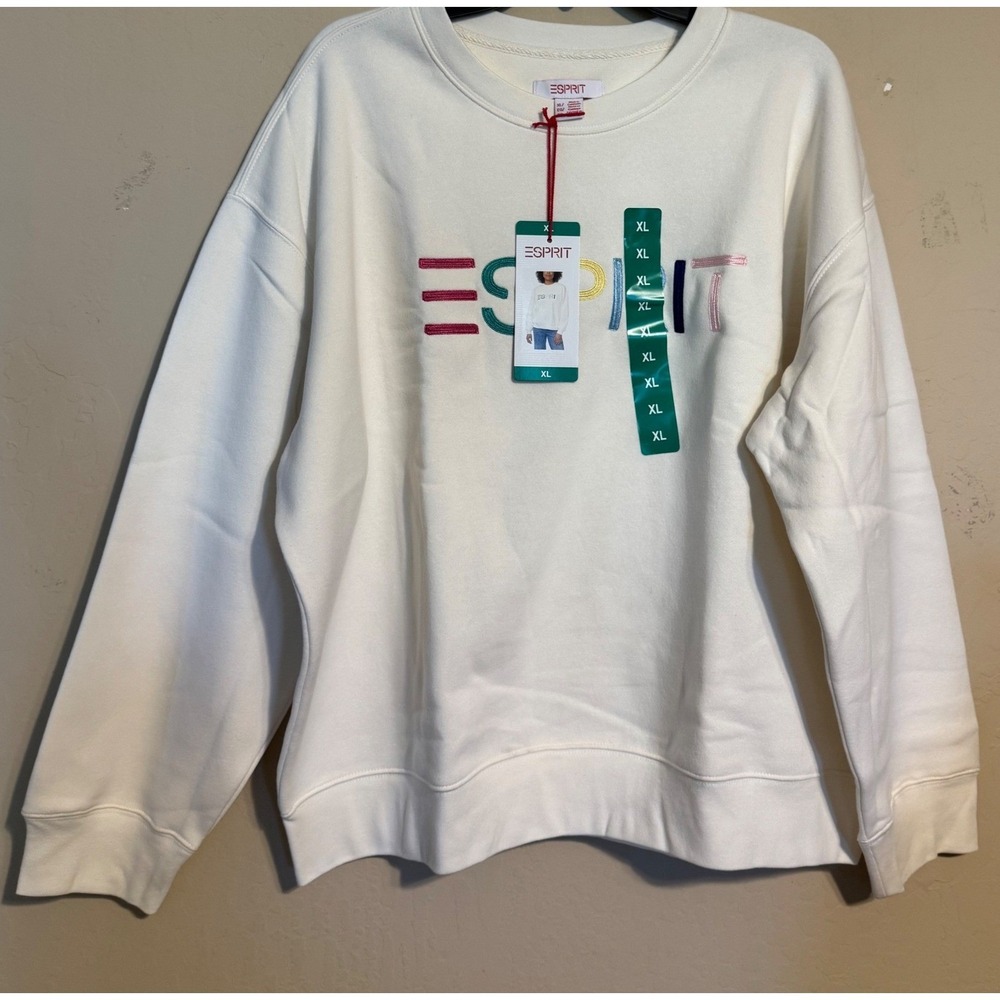 Esprit Sweatshirt Women XL Cream Multi Embroidered Logo Crew Neck Pullover NEW - Picture 2 of 7